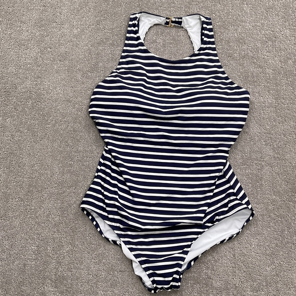 Lands' End Swimsuit Women 2XL Blue White Stripe Racer Back 1 Piece Pad Shelf Bra